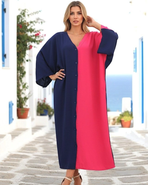 Kadın Fakir Kol Arkası Etnik Desen Baskılı önü Full Düğme Detay çok Renkli Elbise