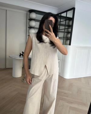 Kadın Keten Kumaş Asimetrik Kesim Bluz Ve Salaş Pantolon Ikili Takım