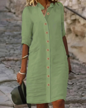 Kadın Kısa Kollu Hakim Yaka önden Düğmeli Kısa Müslim Elbise
