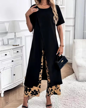 Kadın Kısa Kollu önden çapraz Detaylı Viskon Uzun Bluz Ve Desenli Iki Iplik Pantolon Ikili Takım