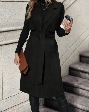 Kadın Kolsuz Yakalı önü Açık Belden Kuşaklı Süet Midi Yelek