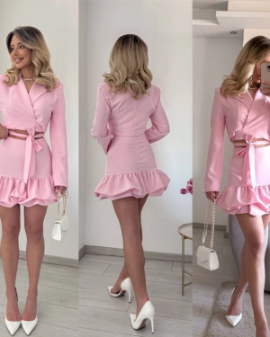 Kadın Manşet Yaka Detay Göbek Bağcıklı Ceket Ve Volanlı Etek Takım