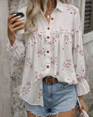 Kadın Nakış Işlemeli Kolu Volanlı Gömlek