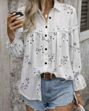Kadın Nakış Işlemeli Kolu Volanlı Gömlek