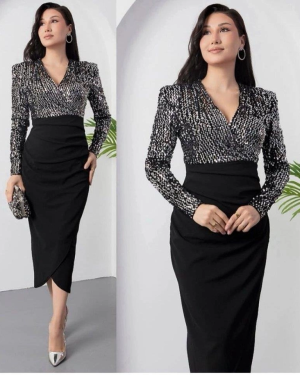 Kadın Uzun Kollu Kruvaze Yaka Pul Payet Detay Midi Boy Elbise