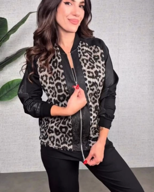 Kadın Uzun Kollu önden Fermuarlı Leopar Desenli Viskon Iki Iplik Bluz Ve Pantolon Ikili Takım