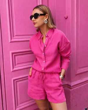 Kadın Uzun Kollu Salaş Gömlek Ve şort Keten Ikili Takım