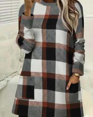 Kadın Uzun Kollu Yarı Balıkçı Yakalı Cep Detaylı Ekoseli Dokuma Tunik