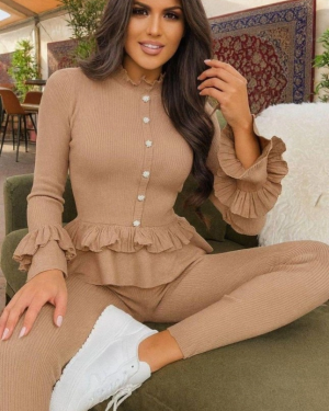 Kadın Uzun Kollu Yıldız Düğme Detay Volanlı Kazak Ve Pantolon Ikili Takım