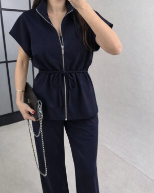 Kadın Yarasa Kol Fermuar Ve Lastikli Bağcık Detay Ceket Pantolon Ikili Takım