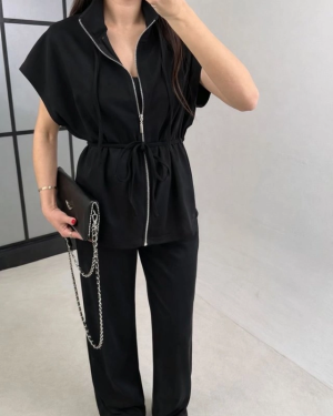 Kadın Yarasa Kol Fermuar Ve Lastikli Bağcık Detay Ceket Pantolon Ikili Takım