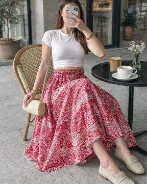 Kadın Yüksek Bel Etnik Desen Baskılı Beli Lastikliastarlı Etek