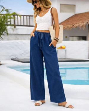 Kadın Yüksek Bel Lastik Detay Bol Paça Pantolon