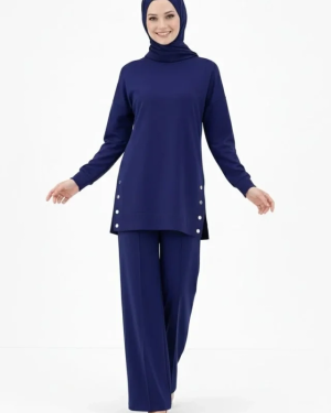 Osy Modal Yumuşak Dokulu Kumaş Modern Tesettür Takım Yandan Metal Çıtçıtlı Uzun Tunik Pantolon Set Salaş Kalıp - Lacivert