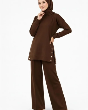 Osy Modal Yumuşak Dokulu Kumaş Modern Tesettür Takım Yandan Metal Çıtçıtlı Uzun Tunik Pantolon Set Salaş Kalıp - Kahverengi