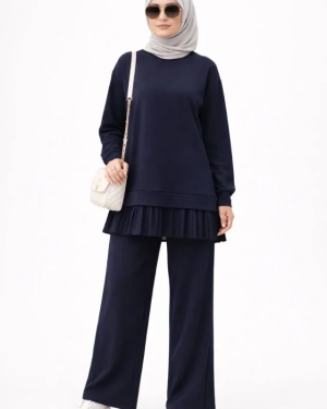 Osy Modal Yumuşak Dokulu Tesettür Pliseli Takım Uzun Tunik Pantolon İkili Kombin - Lacivert