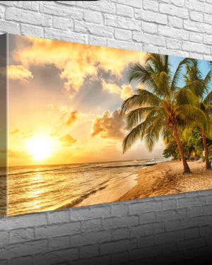 Sahilde Palmiyeler ve Günbatımı Kanvas Tablo 60 x 120