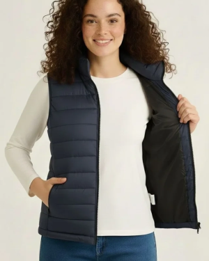 Şişme Fermuarlı Yelek Su Itici Kapitone Astarlı Kumaş Cepli Hafif Kışlık Spor Rahat Kalıp - Lacivert