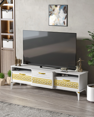 Tv Sehpası Tv Ünitesi 160 Cm Gold Beyaz Mistral 5072