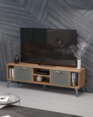 Tv Sehpası Tv Ünitesi Atlantik Çam Antrasit Gümüş 160 Cm Linya 5041