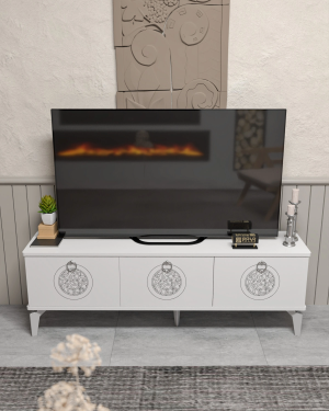 Tv Sehpası Tv Ünitesi Beyaz Gümüş 160 Cm Saraylı 5063