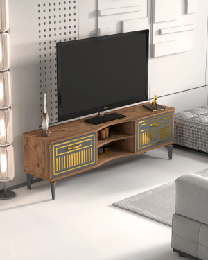 Tv Sehpası Tv Ünitesi Vera Atlantik Çam Antrasit Gold Çizgili 5050