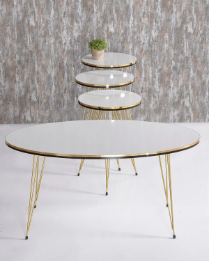 Zigon Sehpa Ve Orta Sehpa Elips Set Çift Gold Beyaz Tel