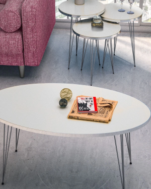 Zigon Sehpa Ve Orta Sehpa Elips Set Gümüş Beyaz Tel