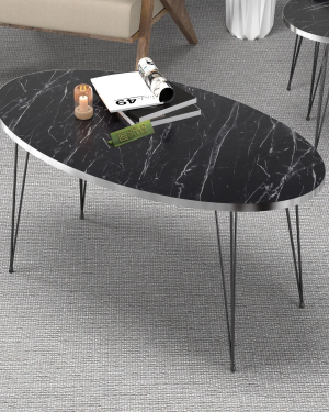 Zigon Sehpa Ve Orta Sehpa Elips Set Siyah Tel Ayak Gümüş Bendir