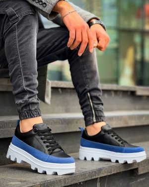KB-056 Kuback Siyah Mavi Detaylı Beyaz Yüksek Taban Günlük Spor Ayakkabı