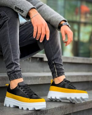 KB-056 Kuback Siyah Sarı Detaylı Beyaz Yüksek Taban Günlük Spor Ayakkabı